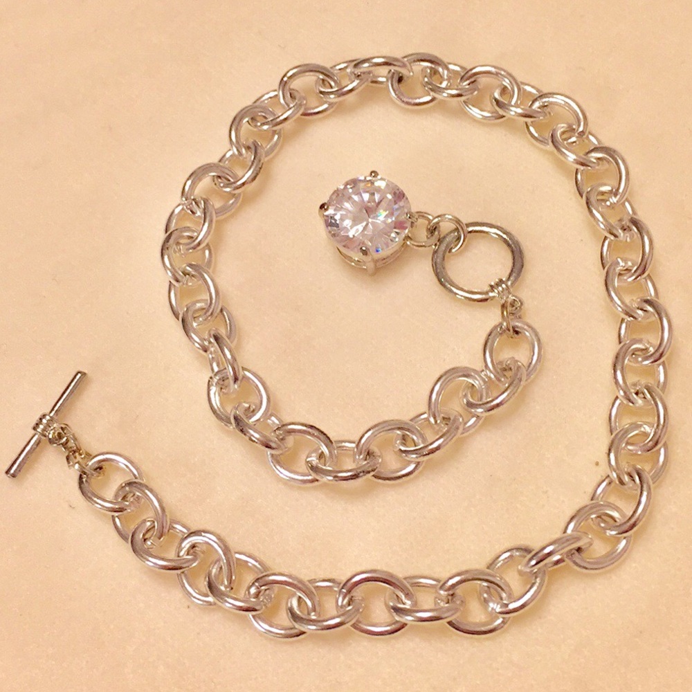 NECKLACE π SILVER CHAIN LINK π LARGE RHINESTONE - Picture 2 of 4